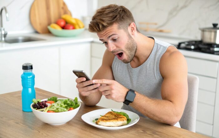 Fit man, looking surprised while checking a calorie-tracking app on his phone
