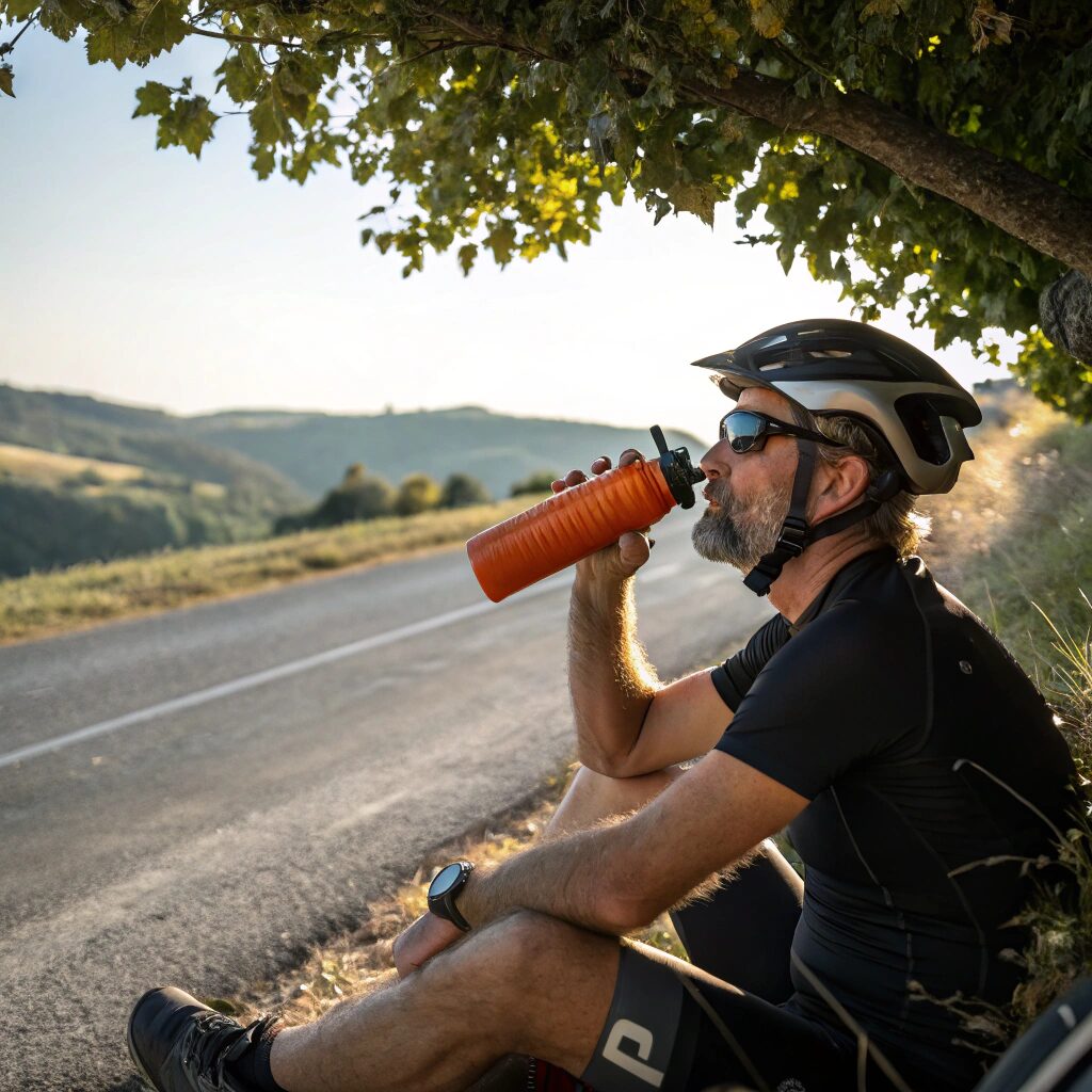 Cyclist sipping an orange sports drink from a plain stainless steel bottle