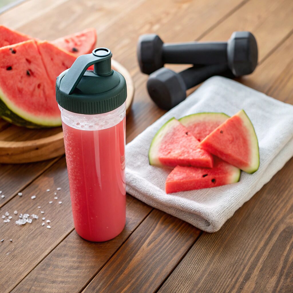 H24 Prepare pre-workout drink in a clear glass filled with vibrant watermelon-colored liquid